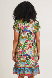 Model Ziara wearing size 10 of the Dani Short Sleeve Frill Dress in colour Print, from the back