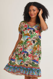 Model Ziara wearing size 10 of the Dani Short Sleeve Frill Dress in colour Print, from the front, cropped image