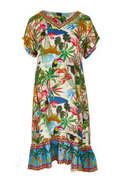 Product shot of the Dani Short Sleeve Frill Dress in colour Print, from the front