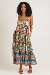 Model Ziara wearing size 10 of the Dani Strappy Dress in colour Print, from the front, showing the whole outfit