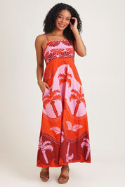 Model Ziara wearing size 10 of the Celeste Orange Cotton Strappy Dress in colour Orange, from the front, showing the whole outfit