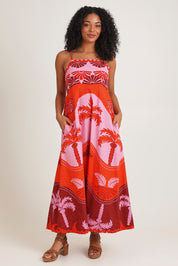 Model Ziara wearing size 10 of the Celeste Orange Cotton Strappy Dress in colour Orange, from the front, showing the whole outfit