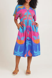 Model Ziara wearing size 10 of the Celestial Blue Cotton Midi Dress in colour Blue, from the front, cropped image