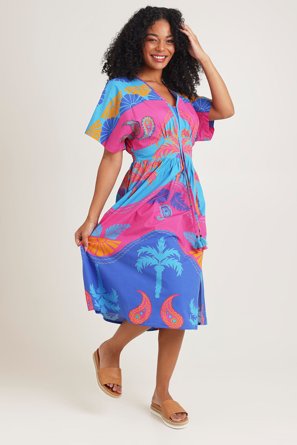 Model Ziara wearing size 10 of the Celestial Blue Cotton Midi Dress in colour Blue, from the front, showing the whole outfit
