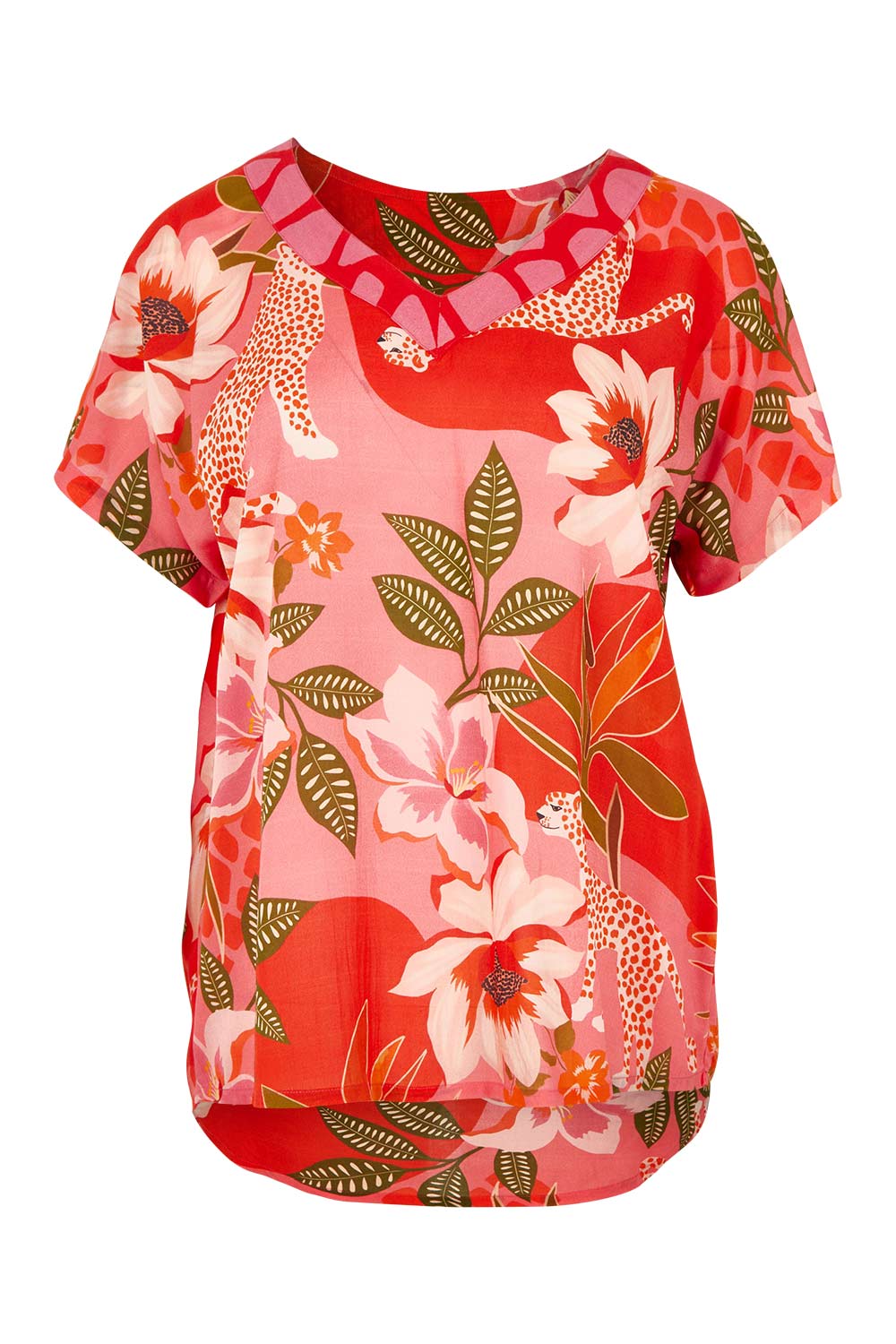 Product shot of the Aria V Neck Top in colour Print (Pink), from the front