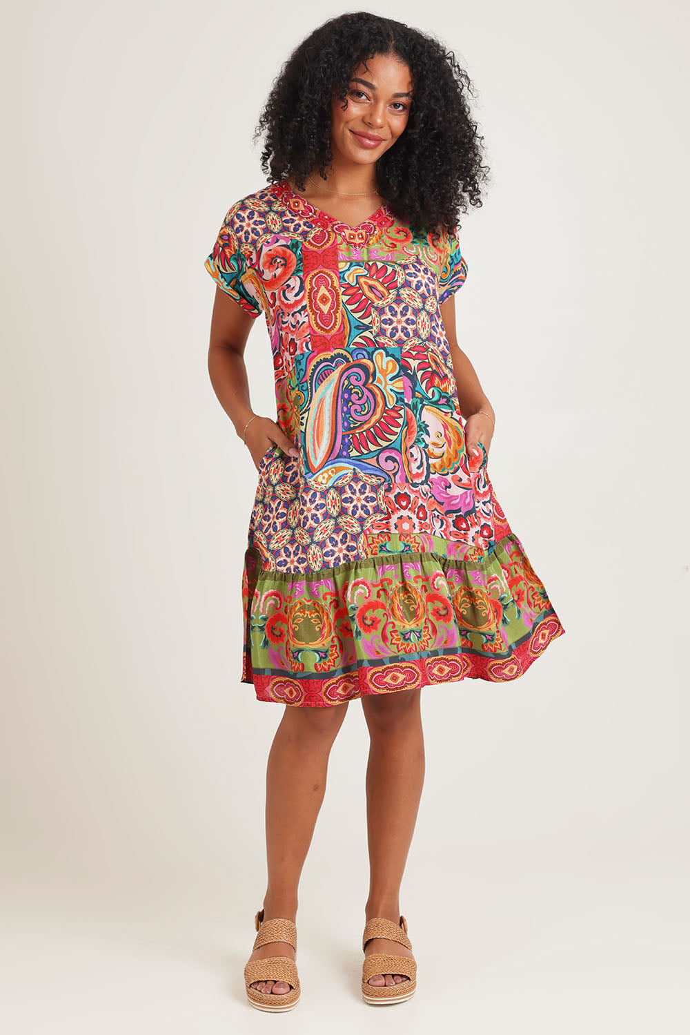 Model Ziara wearing size 10 of the Francesca Short Sleeve Dress in colour Print, from the front, showing the whole outfit