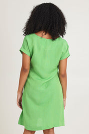 Model Ziara wearing size 10 of the Linen Blend Solid Shift Dress in colour Green (Green), from the back