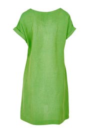 Product shot of the Linen Blend Solid Shift Dress in colour Green (Green), from the back