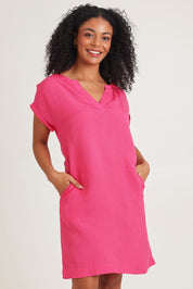 Model Ziara wearing size 10 of the Linen Blend Solid Shift Dress in colour Hotpink (Pink), from the front, cropped image