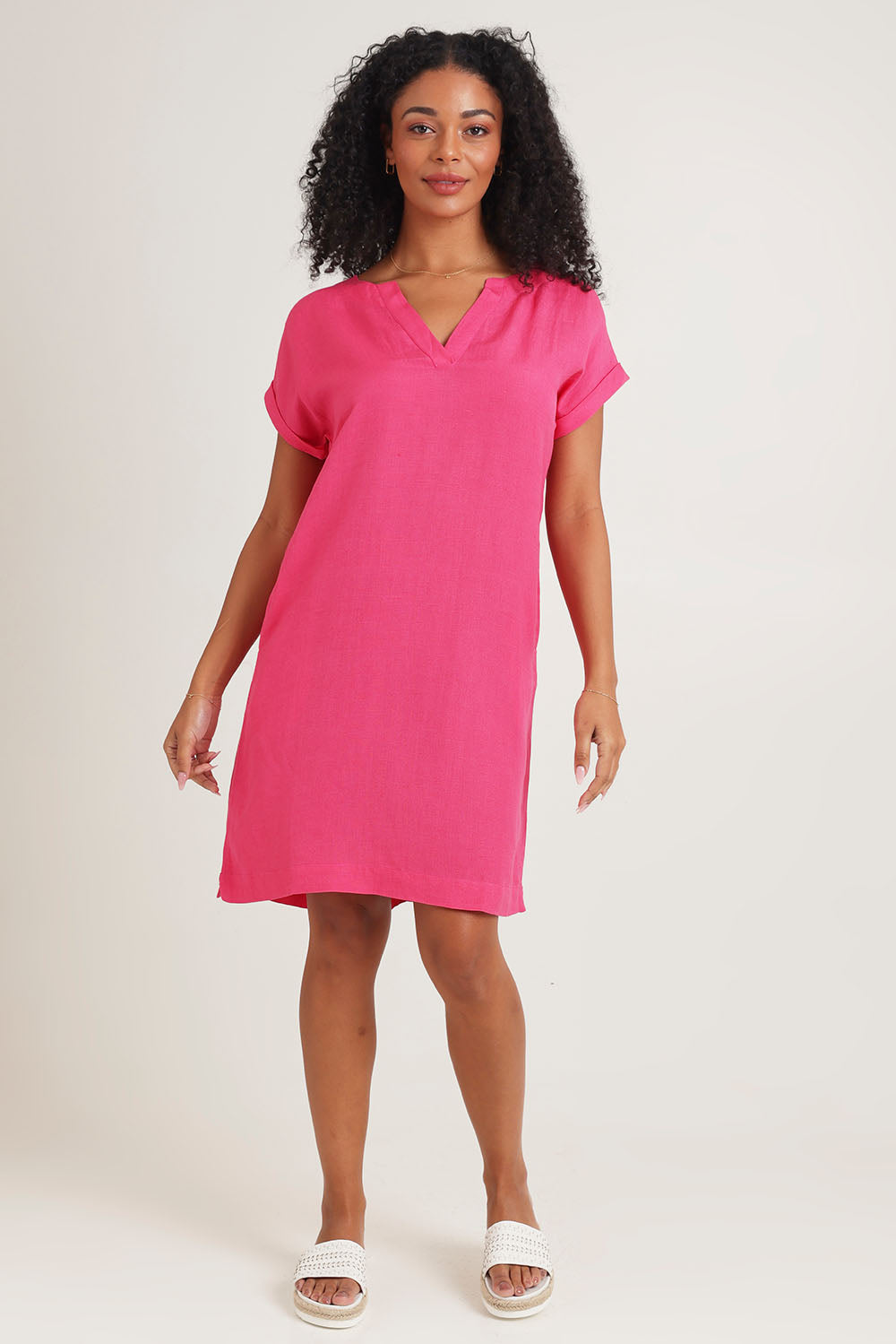 Model Ziara wearing size 10 of the Linen Blend Solid Shift Dress in colour Hotpink (Pink), from the front, showing the whole outfit