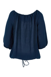 Product shot of the Gather Neck 3/4 Sleeve Linen Blend Top in colour Navy (Blue), from the back