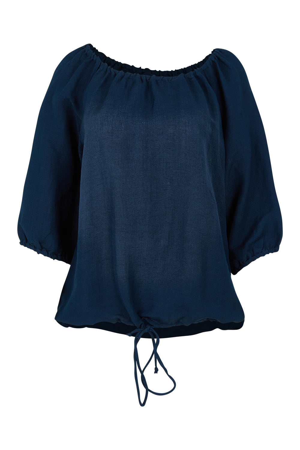 Product shot of the Gather Neck 3/4 Sleeve Linen Blend Top in colour Navy (Blue), from the front