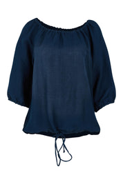 Product shot of the Gather Neck 3/4 Sleeve Linen Blend Top in colour Navy (Blue), from the front