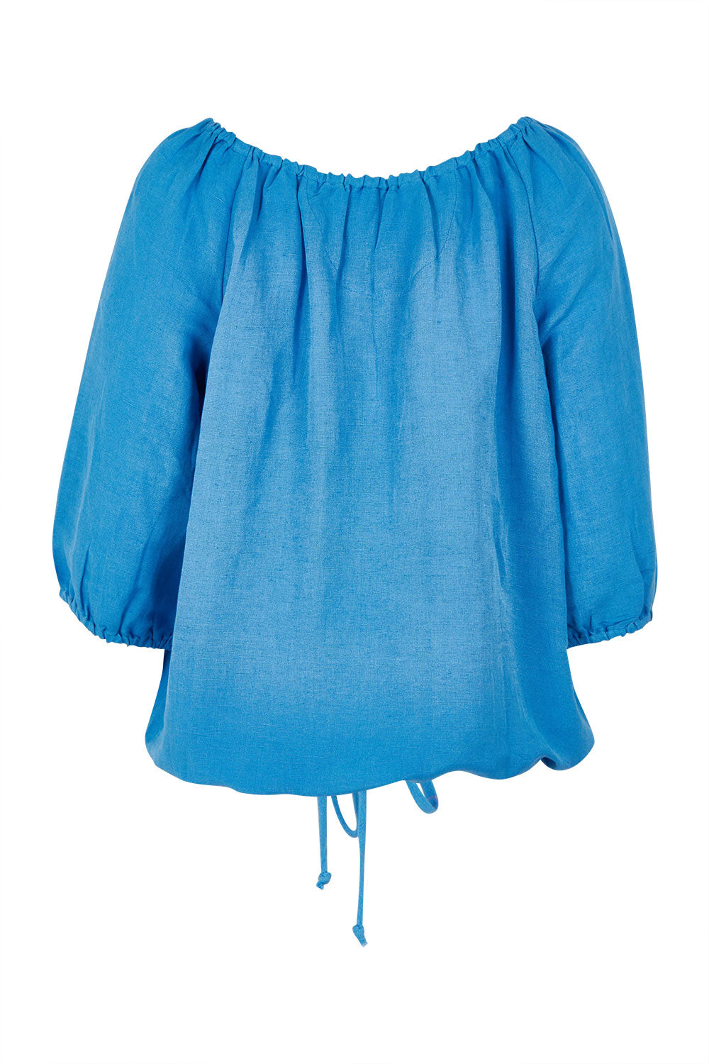 Product shot of the Gather Neck 3/4 Sleeve Linen Blend Top in colour Ibizablue (Blue), from the back