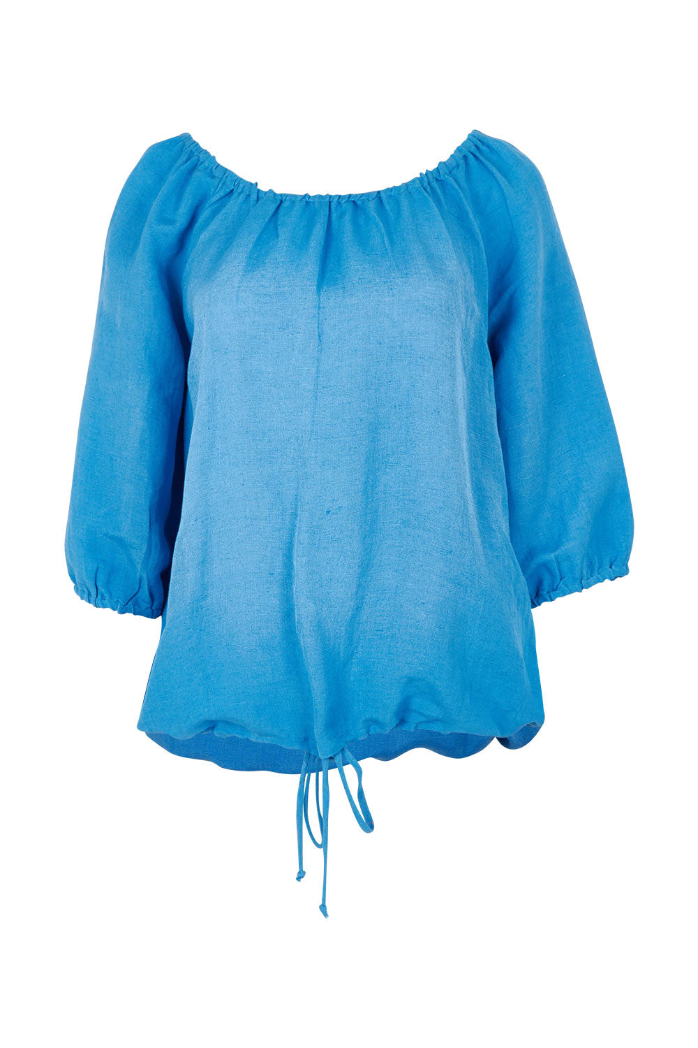 Product shot of the Gather Neck 3/4 Sleeve Linen Blend Top in colour Ibizablue (Blue), from the front