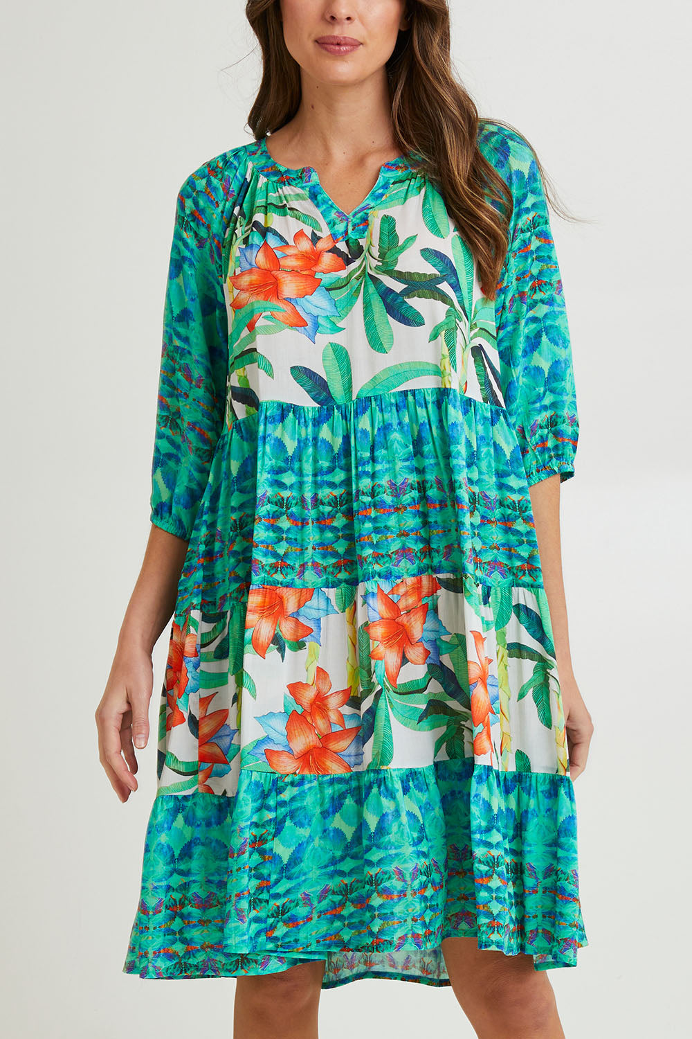 Model Madeline wearing size 10 of the Olivia Layers 3/4 Sleeve Dress in colour Print (Blue), from the front, cropped image