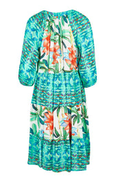 Product shot of the Olivia Layers 3/4 Sleeve Dress in colour Print (Blue), from the back