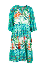 Product shot of the Olivia Layers 3/4 Sleeve Dress in colour Print (Blue), from the front