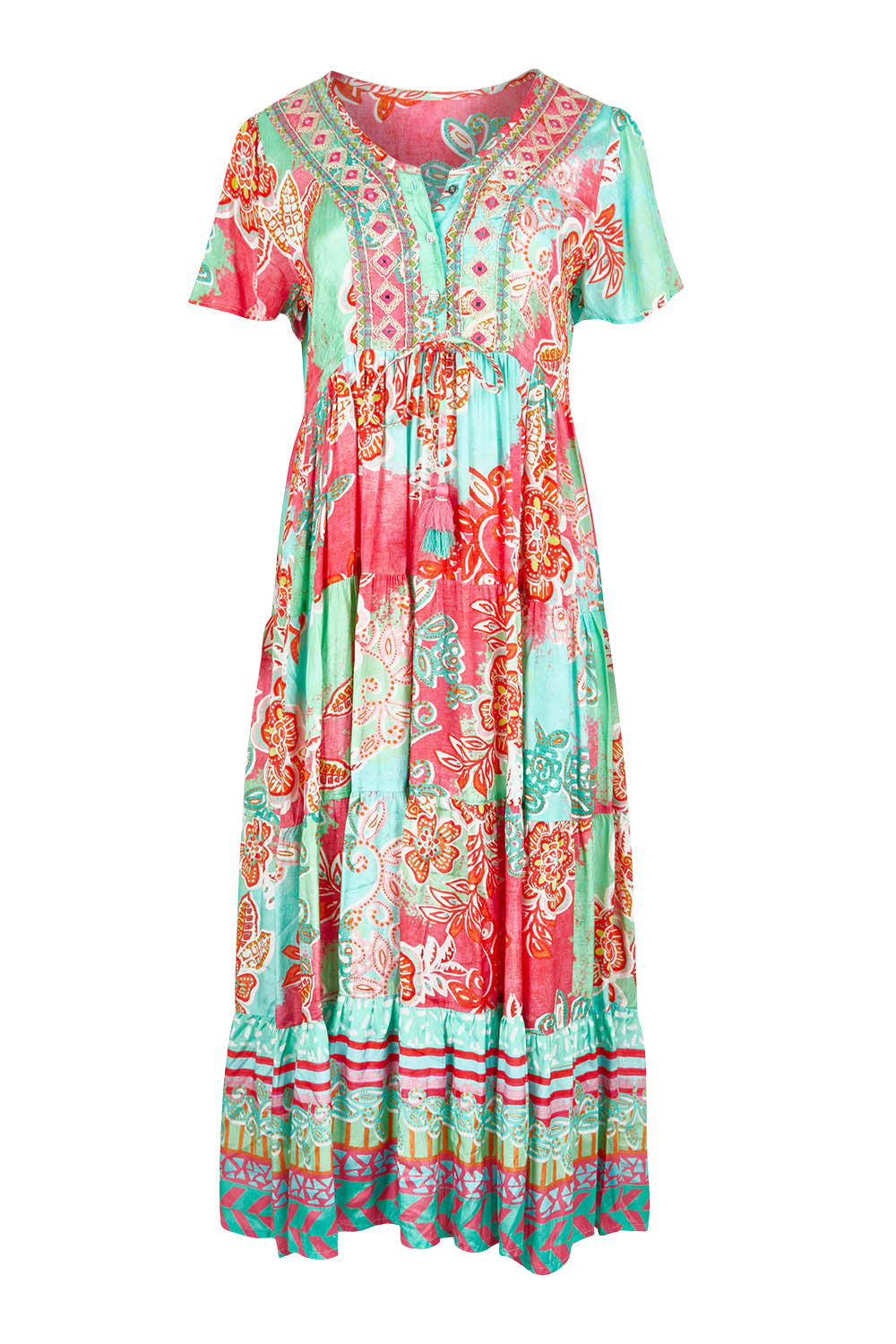 Product shot of the Sarah Midi Dress in colour Print (Green), from the front