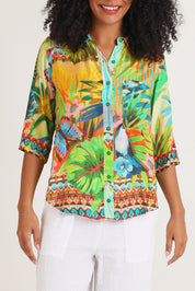 Model Ziara wearing size 10 of the Georgia Shirt in colour Print, from the front, cropped image