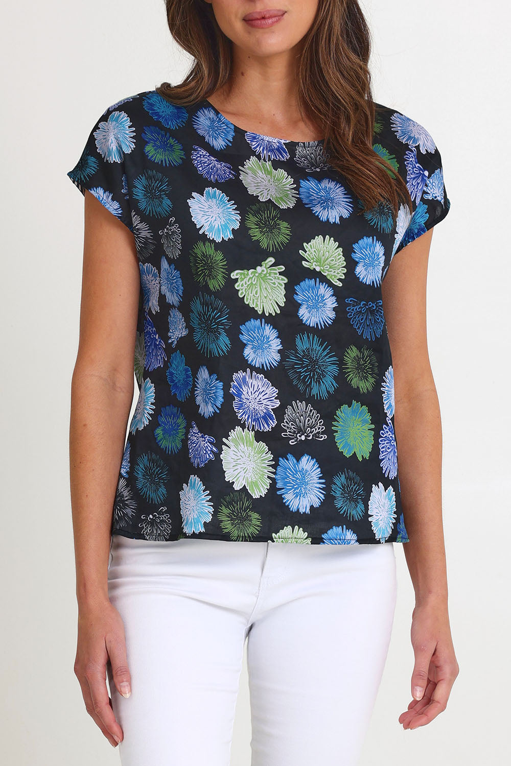 Model Madeline wearing size S of the Tilly Cotton Top in colour Black (Black), from the front, cropped image