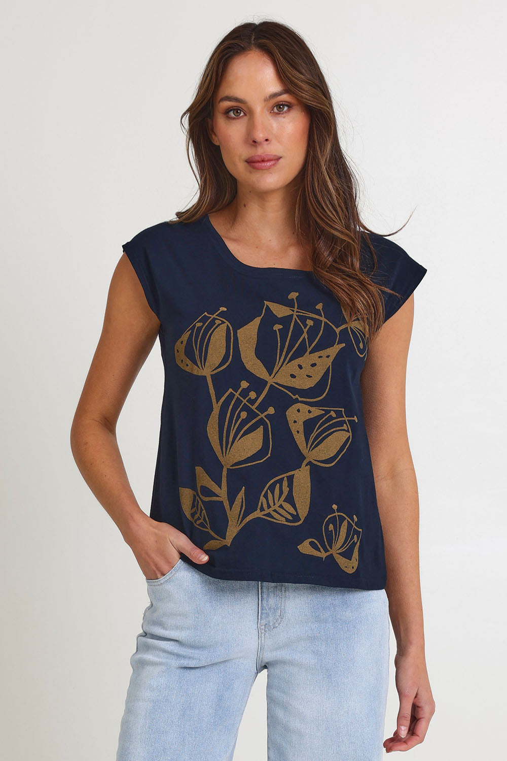 Model Madeline wearing size S of the Bobby Cotton Top in colour Navylark (Blue), from the front, cropped image