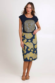 Model Madelinec wearing size 10 of the Bobby Top - Navy in colour Navy, from the front
