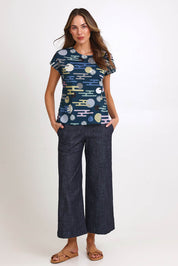 Model Madelinec wearing size 10 of the Tilly Top - Cloudblue in colour Cloudblue, from the front
