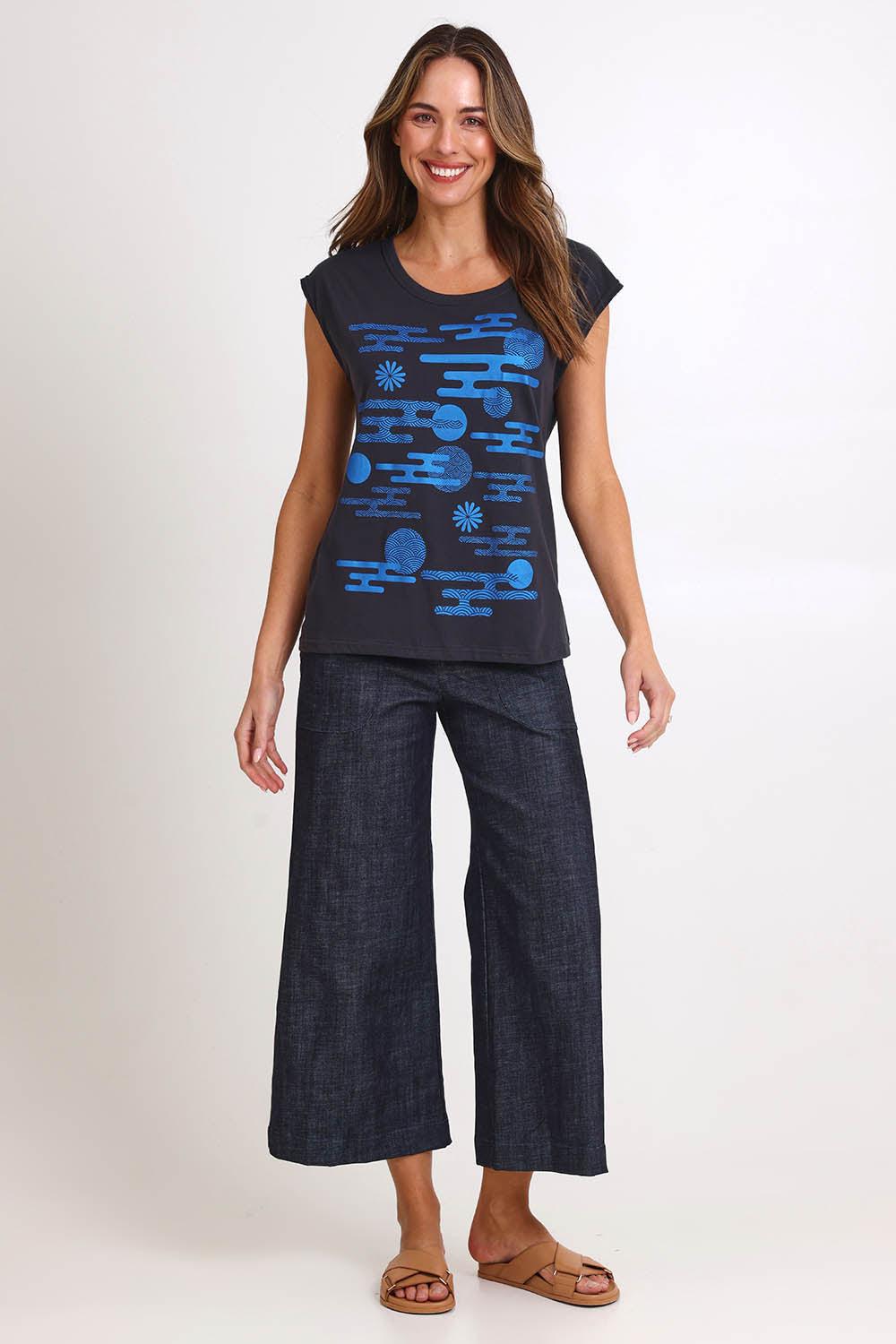 Model Madelinec wearing size 10 of the Bobby Top - Smoke in colour Smoke, from the front