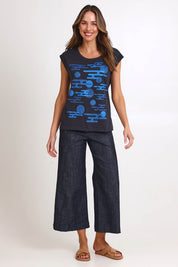 Model Madelinec wearing size 10 of the Bobby Top - Smoke in colour Smoke, from the front