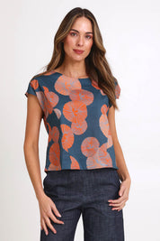 Model Madelinec wearing size 10 of the Thea Top - Smoke in colour Smoke, in a cropped view