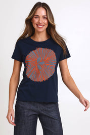 Model Madelinec wearing size 10 of the Girlfriend Tee - Navyorange in colour Navyorange, in a cropped view
