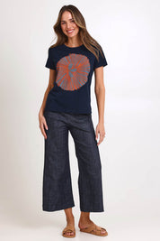 Model Madelinec wearing size 10 of the Girlfriend Tee - Navyorange in colour Navyorange, from the front