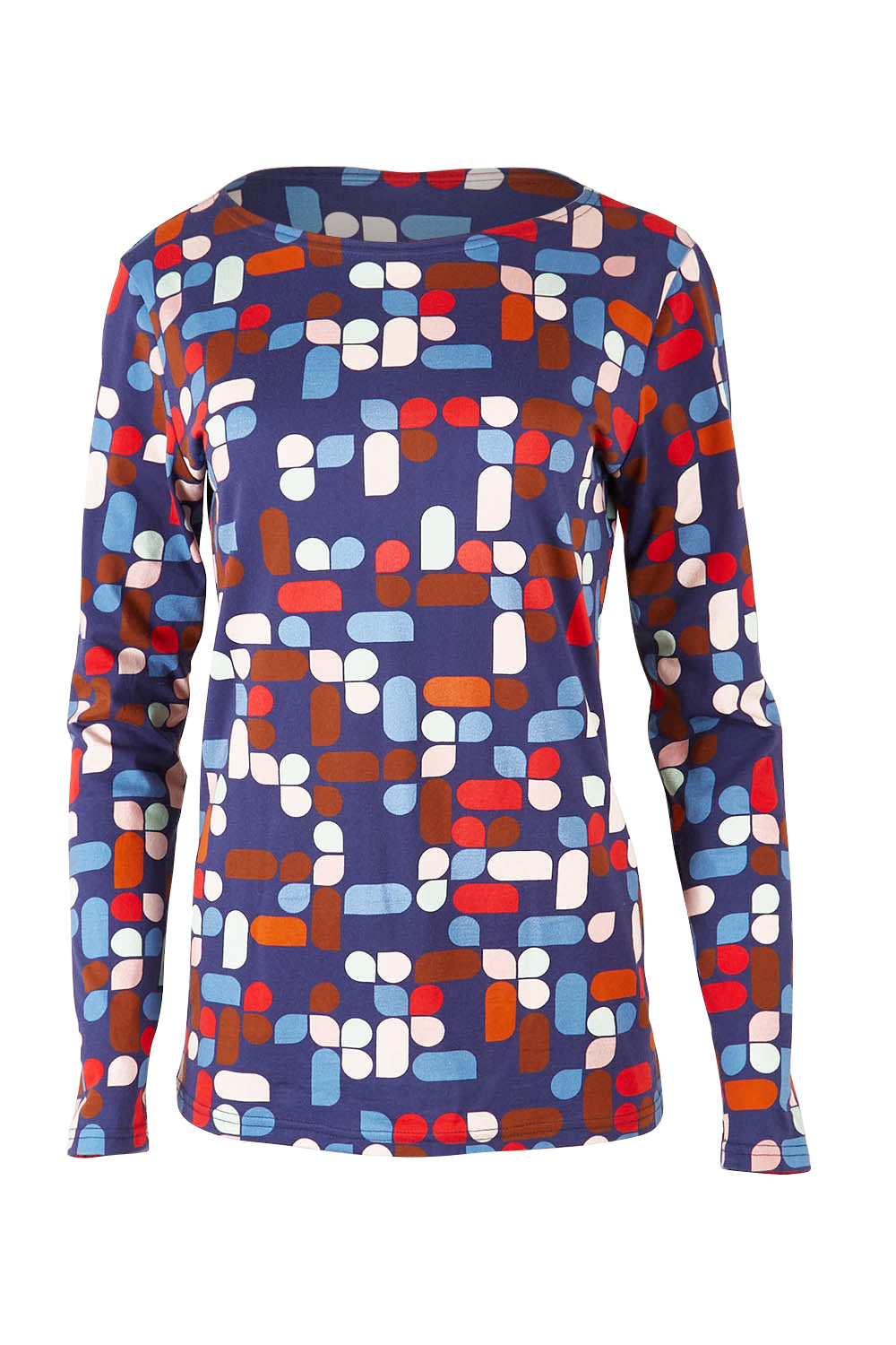 Product shot of the Abstract Boat Neck Tee in colour Blue (Blue), from the front