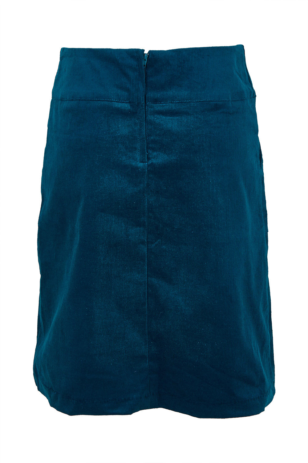 Product shot of the Amy Cord Skirt in colour Teal (Blue), from the back
