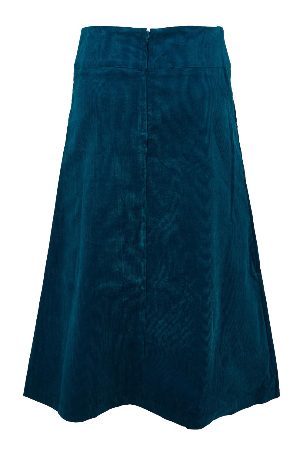 Product shot of the Amy Cord Midi Skirt in colour Teal (Blue), from the back