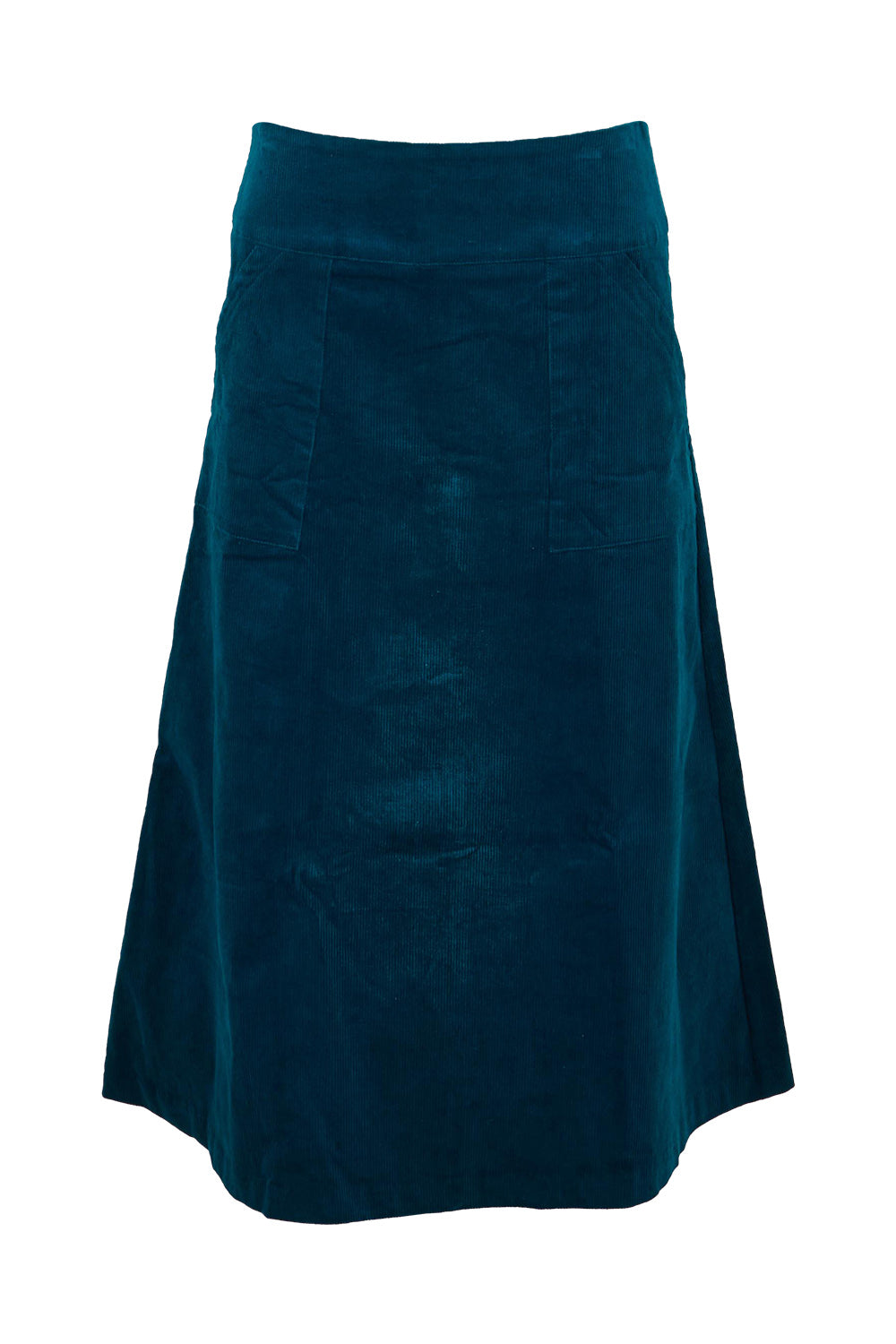 Product shot of the Amy Cord Midi Skirt in colour Teal (Blue), from the front