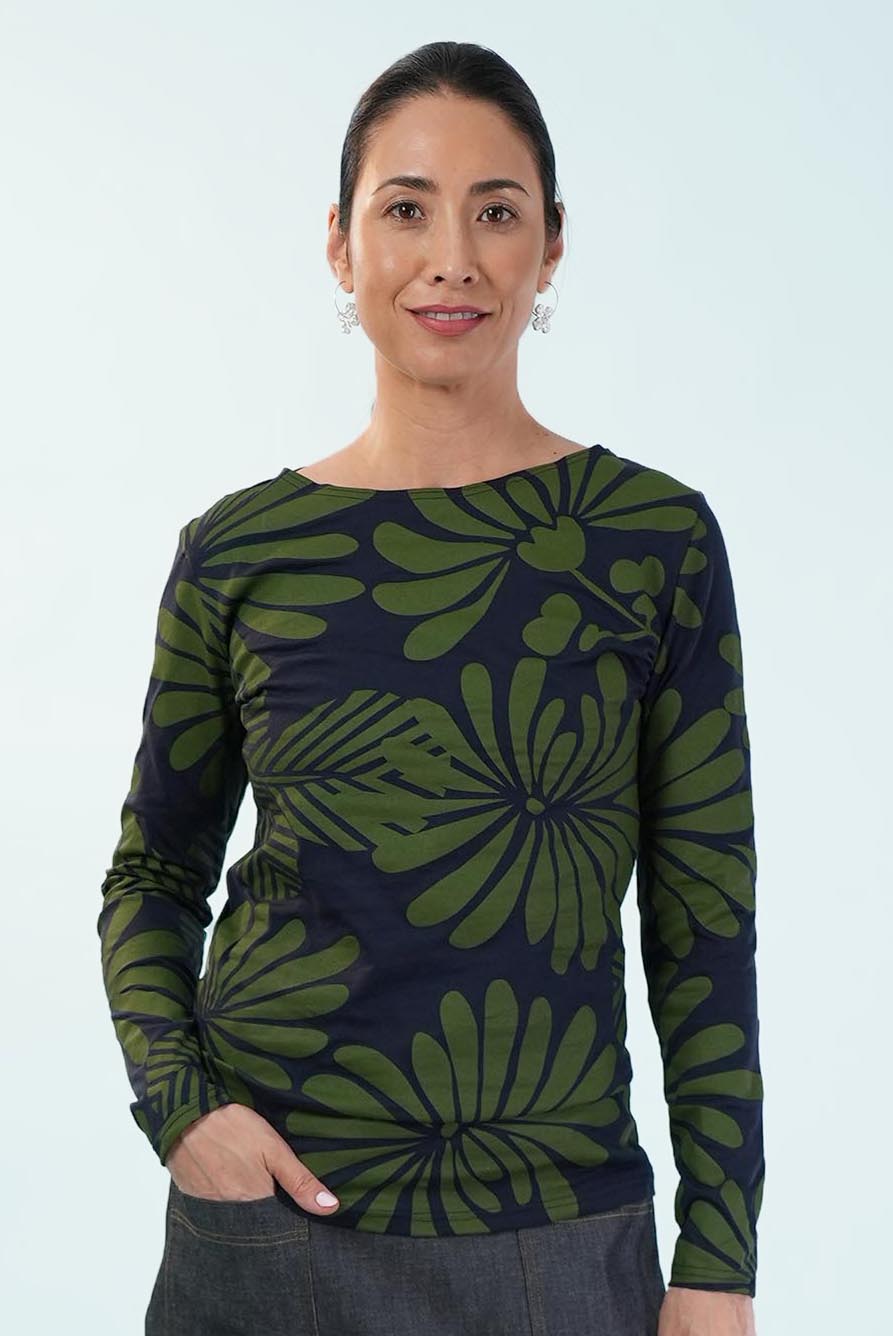 Boat Neck Cotton Long Sleeve Tee – Navygreen