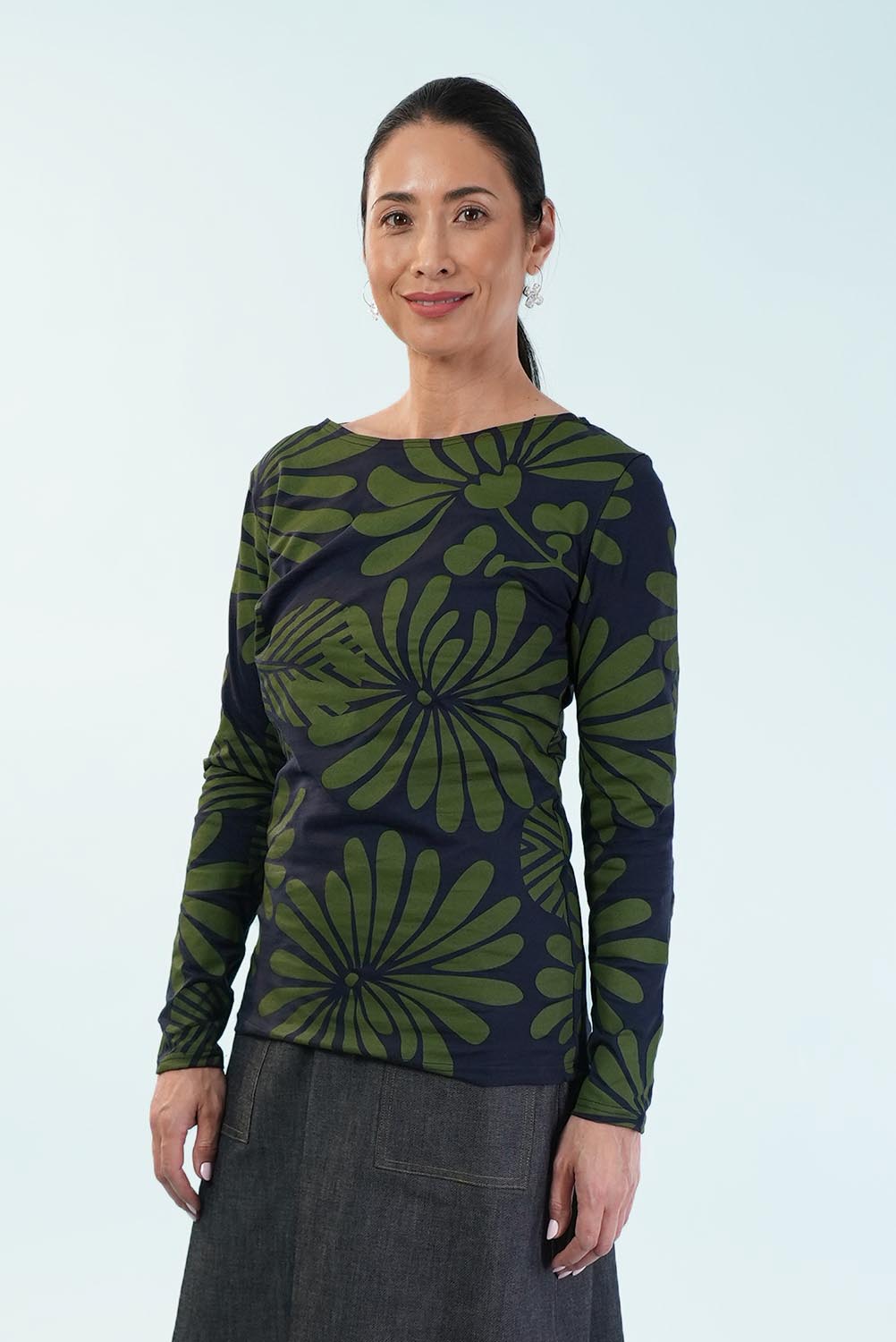 Boat Neck Cotton Long Sleeve Tee – Navygreen