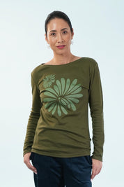 Boat Neck Placement Cotton Long Sleeve Tee – Olive