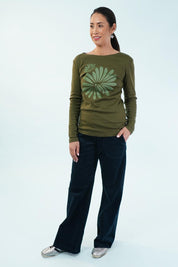 Boat Neck Placement Cotton Long Sleeve Tee – Olive