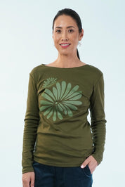 Boat Neck Placement Cotton Long Sleeve Tee – Olive