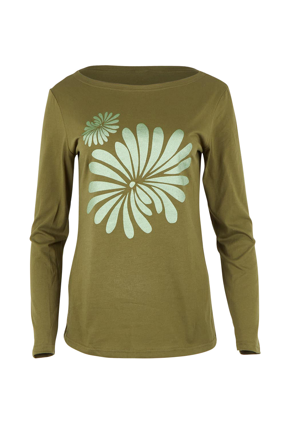 Boat Neck Placement Cotton Long Sleeve Tee – Olive