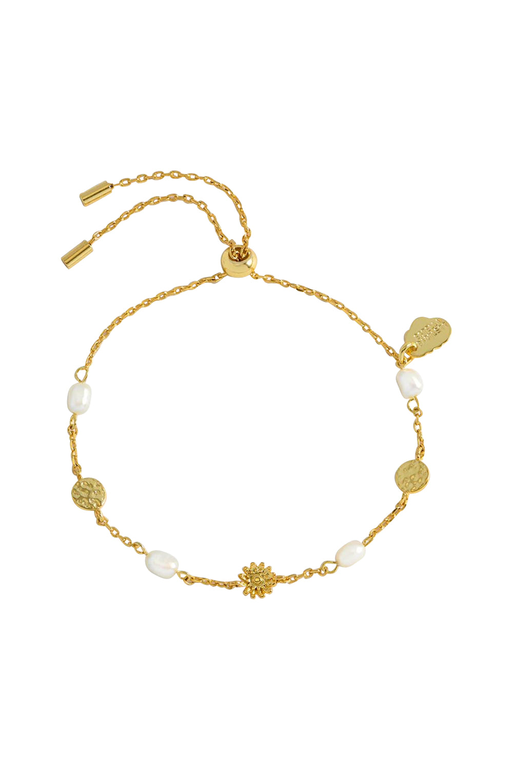 Product shot of the Flower Pearl Hammered Disc Bracelet in colour Goldpearl (Metallics), from the front