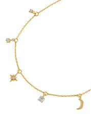 Product shot of the Moon & Stars Charm Bracelet – Gold in colour Gold, showing detail