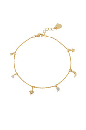 Product shot of the Moon & Stars Charm Bracelet – Gold in colour Gold, from the front