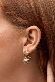 A model wearing the Rainbow Beaded Hoop Earrings in colour Goldrainbo (Metallics), from the front, cropped image