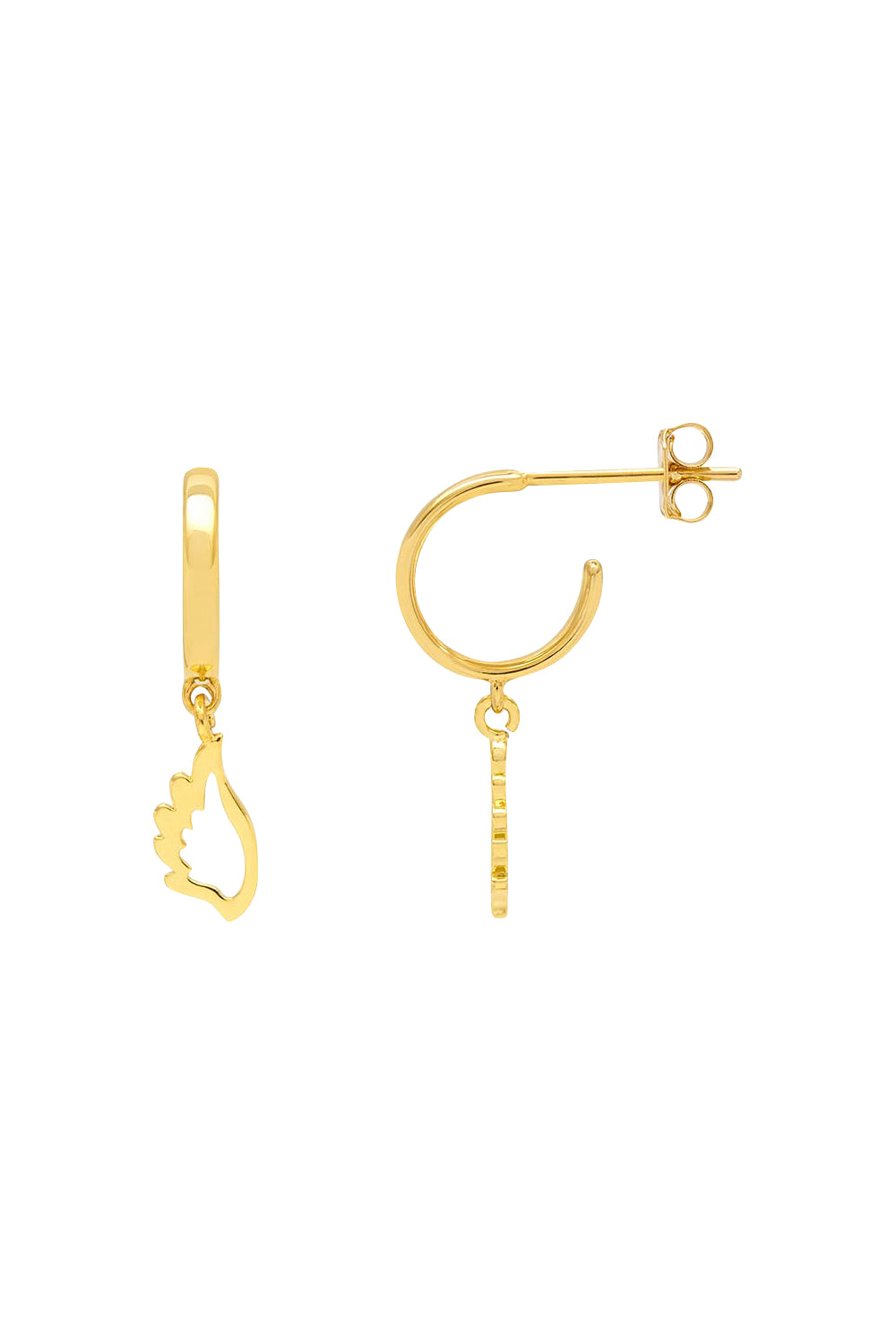 Product shot of the Angel Wing Hoop Earring in colour Gold (Metallics), from the front