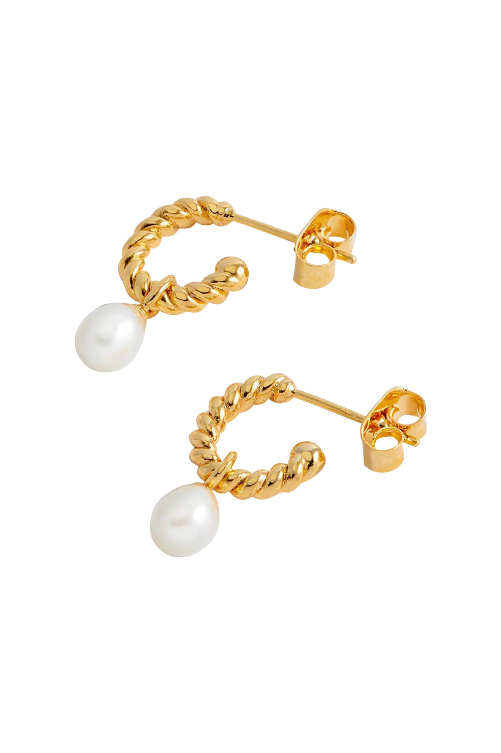 Product shot of the Pearl Drop And Twist Hoop Earrings in colour Goldpearl (Metallics), from the front