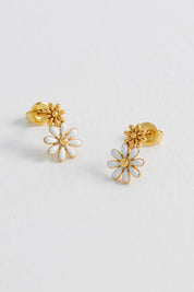 Product shot of the White Enamel Double Flower Studs in colour Whitegold (White), detail